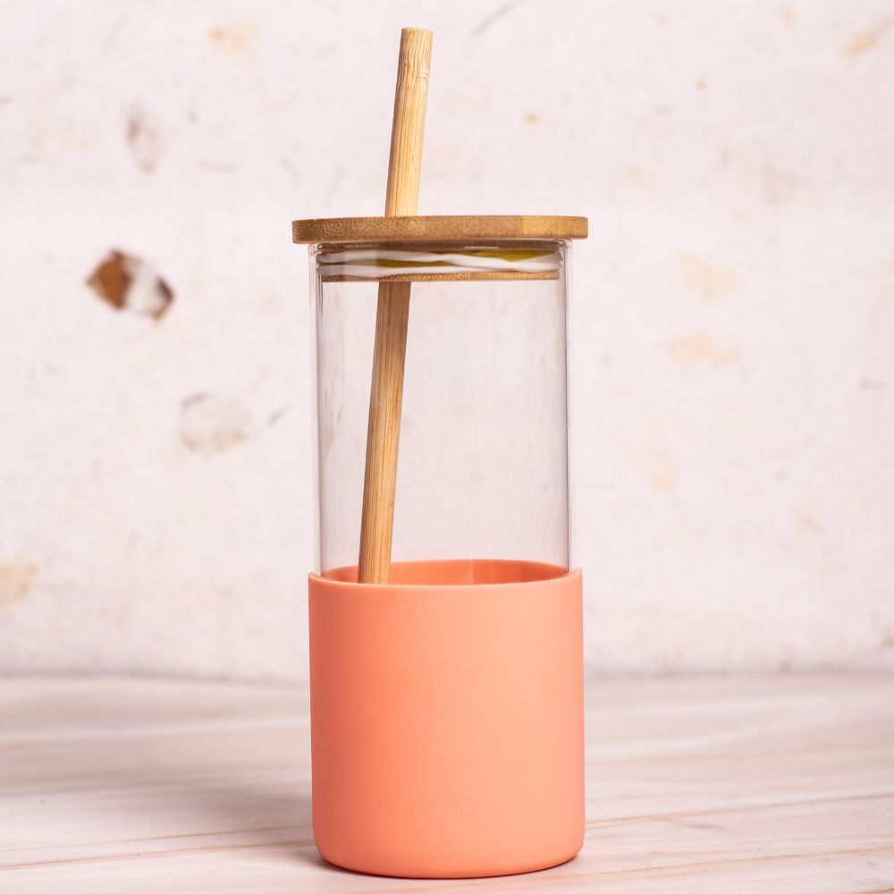 Glass Water Sipper With Pink Silicone Cover