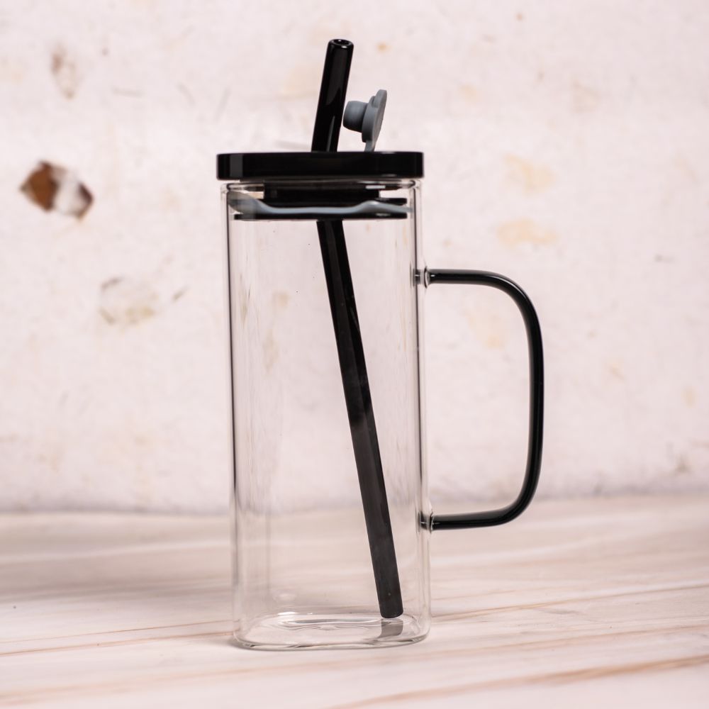 Glass Mug With Acrylic Lid And Glass Straw (Black)