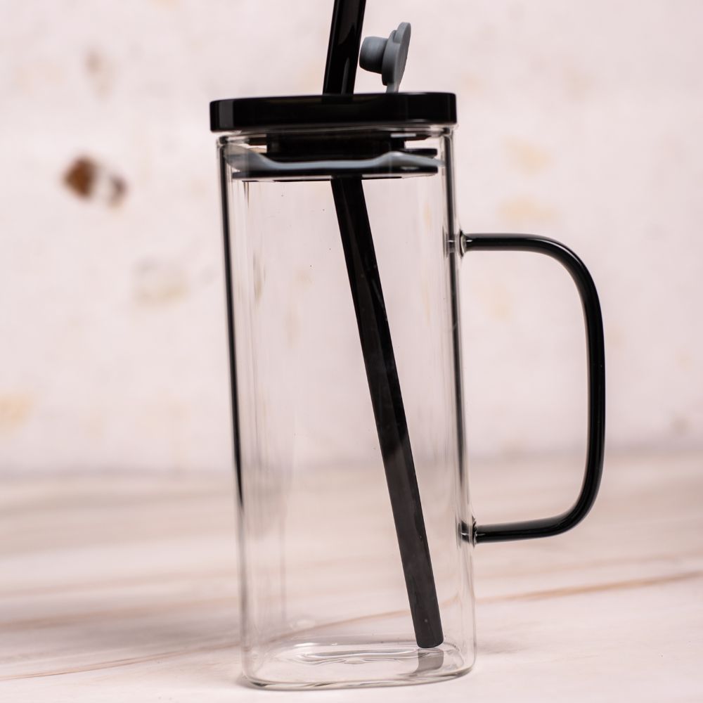 Glass Mug With Acrylic Lid And Glass Straw (Black)
