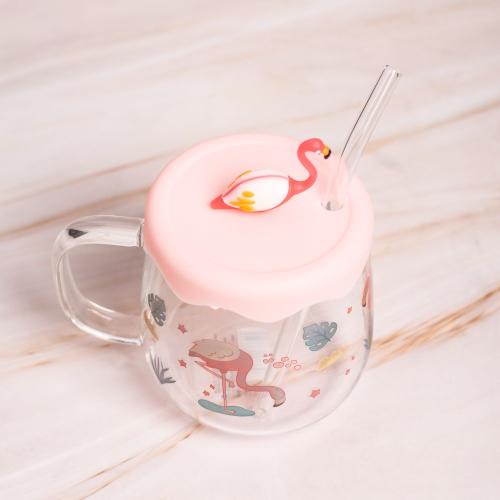 Flamingo Clear glass cup with straw