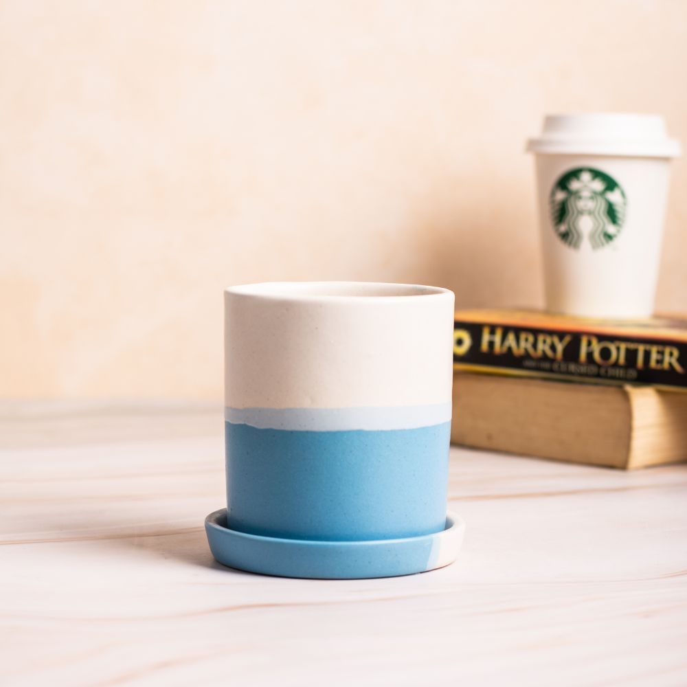 Barrel White-Blue Colour Planter with Dripping Tray