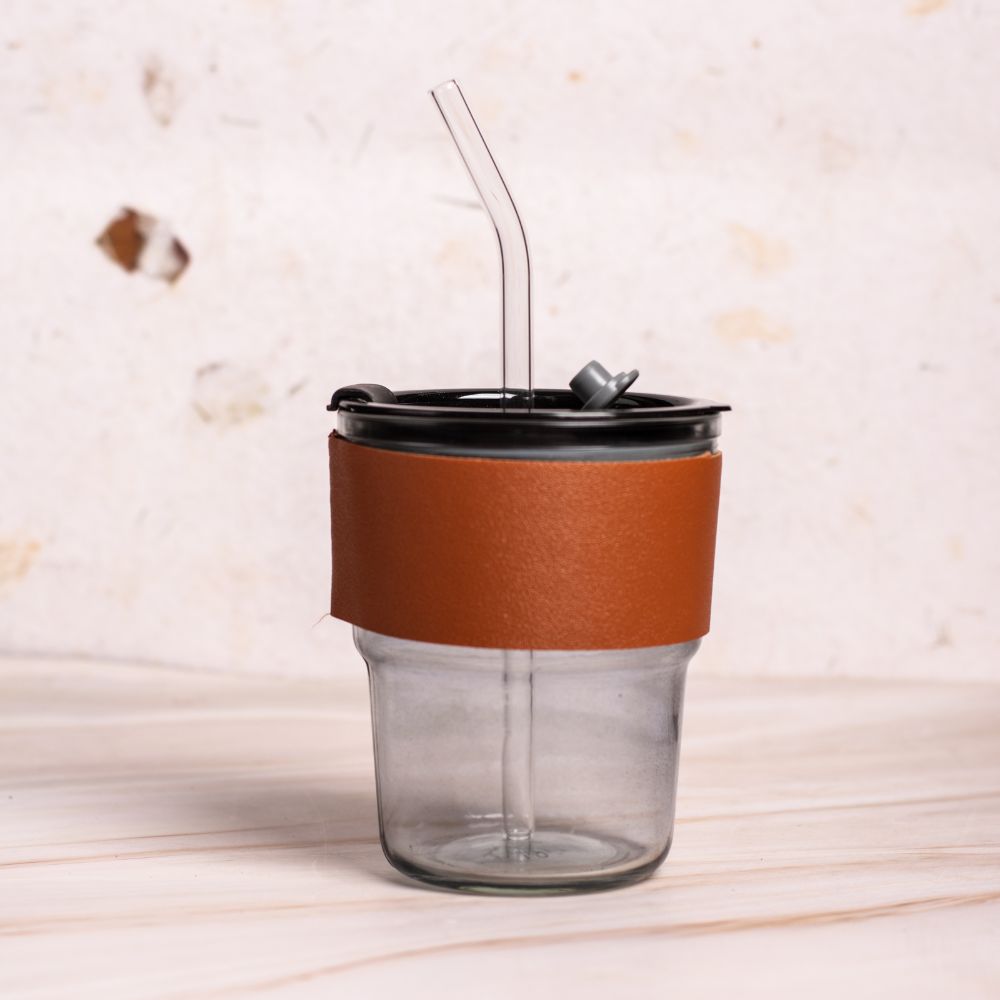 Glass Mug Sipper Tumbler with Lid, Straw & Anti-Slip Leather Sleeve