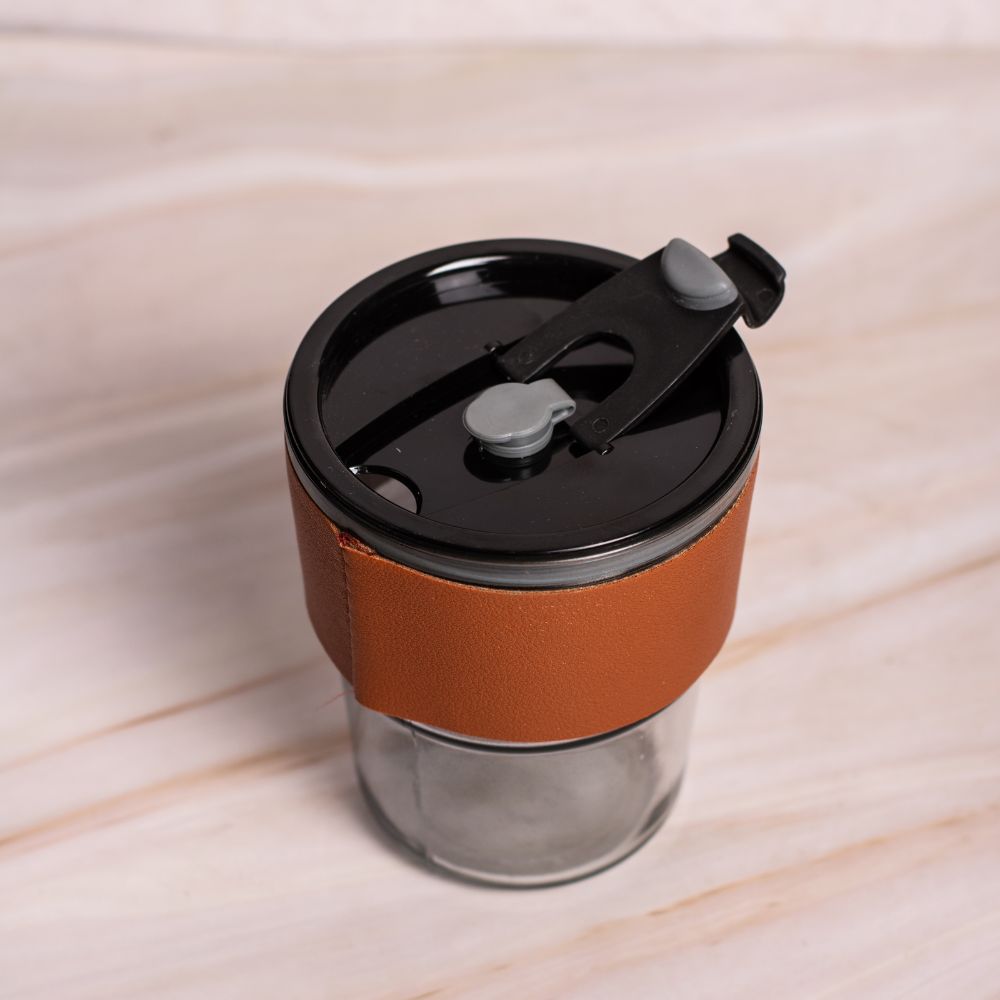 Glass Mug Sipper Tumbler with Lid, Straw & Anti-Slip Leather Sleeve