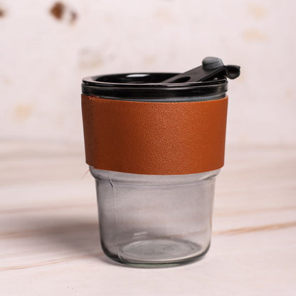 Glass Mug Sipper Tumbler with Lid, Straw & Anti-Slip Leather Sleeve