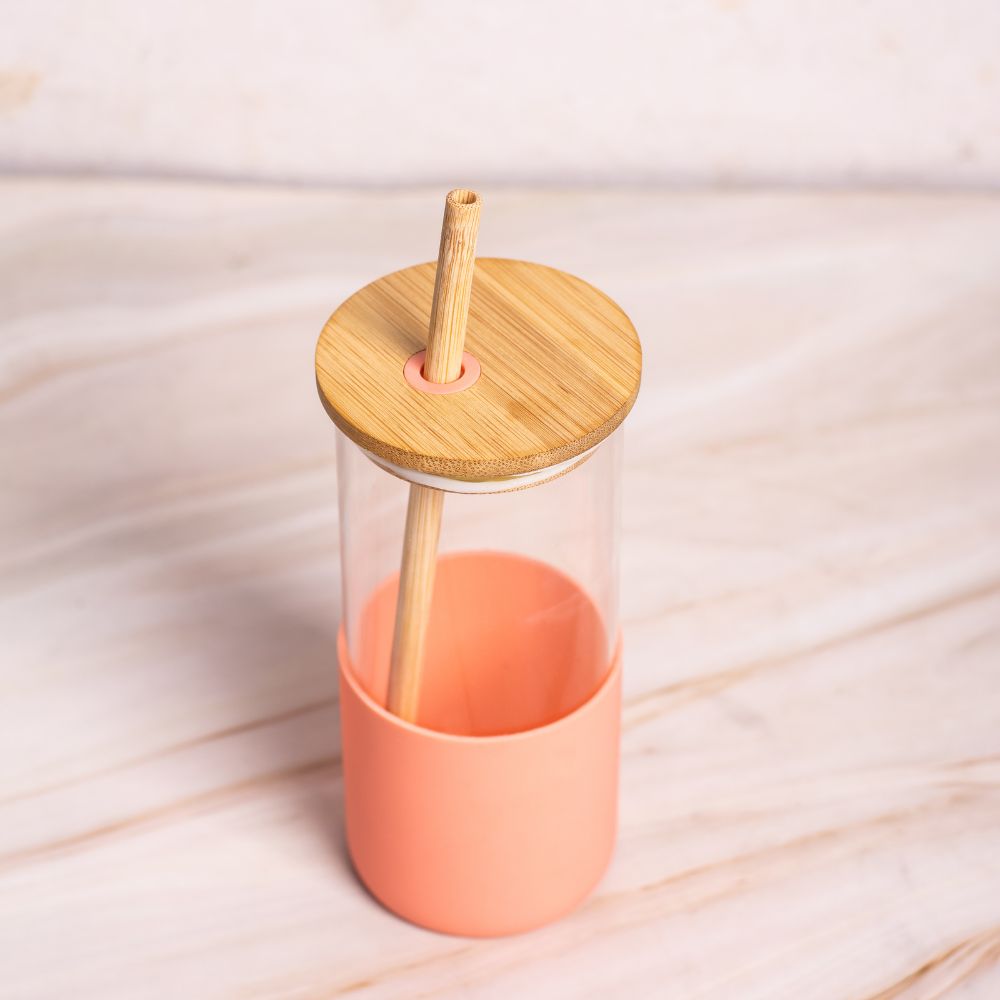 Glass Water Sipper With Pink Silicone Cover