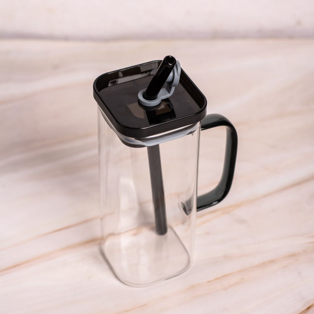 Glass Mug With Acrylic Lid And Glass Straw (Black)