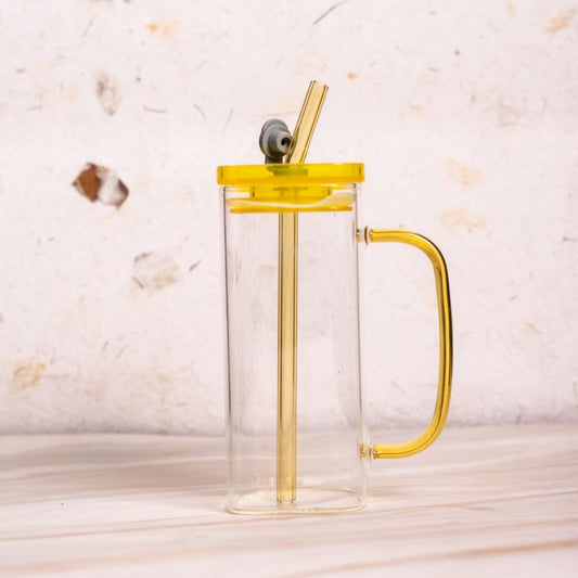 Glass Mug With Acrylic Lid And Glass Straw (Yellow)