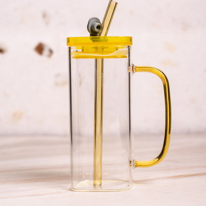 Glass Mug With Acrylic Lid And Glass Straw (Yellow)