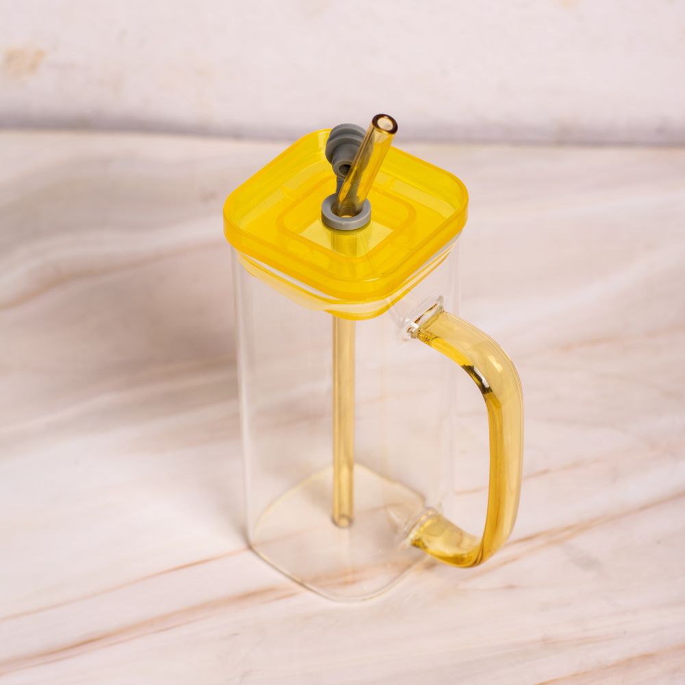 Glass Mug With Acrylic Lid And Glass Straw (Yellow)