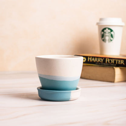 Elliptic White-Blue Planter with Dripping Tray