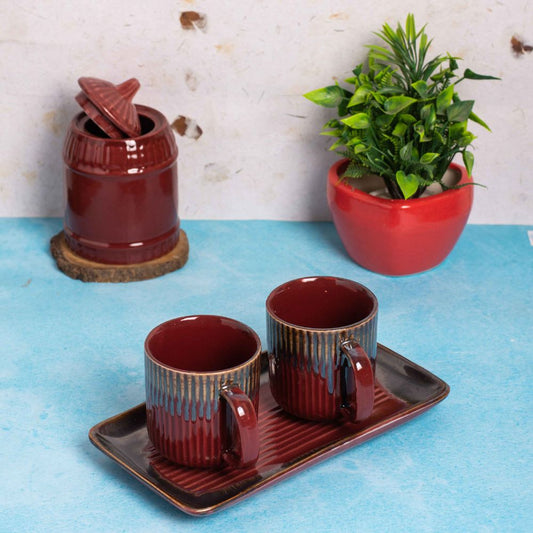 Ribbed Scarlet Mug Set With Tray